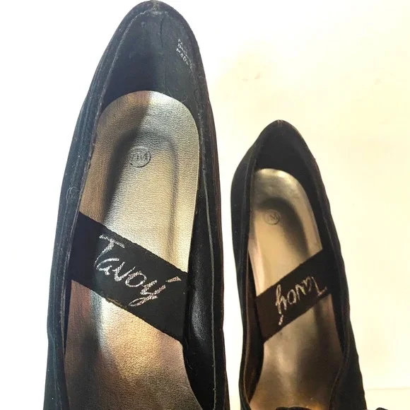 Vintage Tavoy Blk Velvet Rhinestone Pleated Fan Pointed Toe Stiletto Pumps Heel - Picture 9 of 10